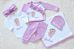  Image showcasing a complete lavender baby outfit set, including a personalized baby blanket, ruffle jacket, cozy baby pants, soft hat, and a cute knot headband. 