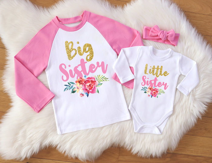 Pink and Gold Glitter "Big Sister - Little Sister" Matching Set with Floral Design