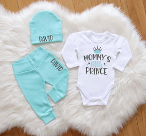 Personalized 'Mommy's Little Prince' Baby Boy Outfit with Custom Beanie and Pants