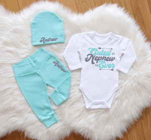 Personalized 'Cutest Nephew Ever' 3-Piece Baby Boy Outfit in Mint - Custom Pants & Beanie Set