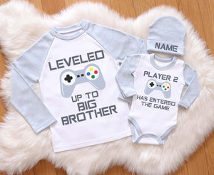 Big Brother & Little Brother Matching Set - 'Leveled Up' Raglan Shirt and Personalized 'Player' Bodysuit with Beanie