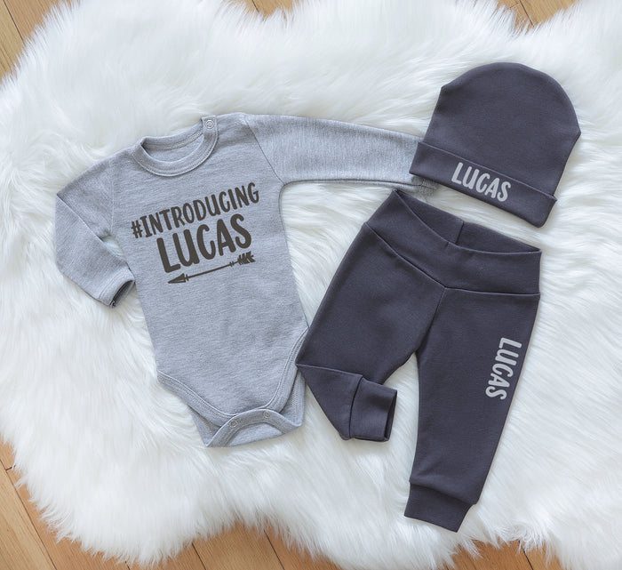 Personalized Baby Boy Outfit - '#Introducing' 3-Piece Set for Take Home & Announcements