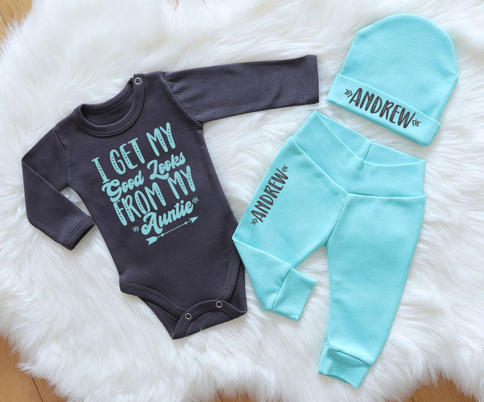 Mint & Dark Gray Nephew Baby Boy Outfit: 'I Get My Good Looks from My Auntie' Bodysuit with Personalized Beanie & Pants