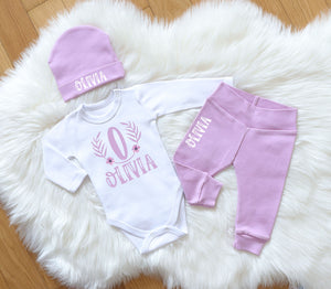 Personalized Lavender Baby Girl Outfit: Monogrammed 3-Piece Set with Name on Pants & Beanie