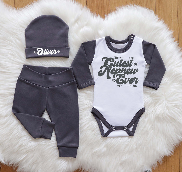 "Cutest Nephew Ever" Personalized Baby Boy Outfit with Custom Dark Gray Beanie and Pants