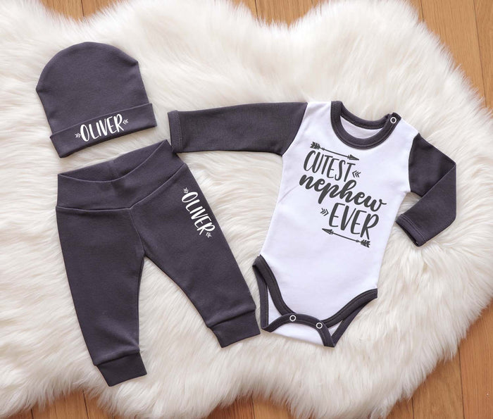 Personalized 'Cutest Nephew Ever' Dark Gra Baby Boy Outfit - Custom Baby Pants & Beanie Set