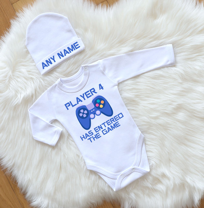 Personalized Gamer Baby Set: "Player Has Entered the Game" Bodysuit and Custom Name Hat