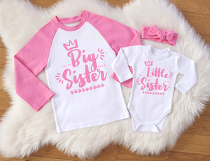 Big Sister & Little Sister Matching Set - Pink Raglan Shirt & Onesie with Knot Headband