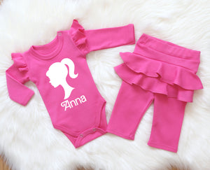 Personalized Hot Pink Barbie Baby Girl Outfit - Ruffle Sleeves Bodysuit & Frilled Pants