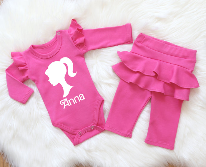 Personalized Hot Pink Barbie Baby Girl Outfit - Ruffle Sleeves Bodysuit & Frilled Pants