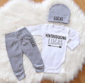 Personalized Baby Boy Outfit - '#Introducing' 3-Piece Set for Newborn Photography & Take Home