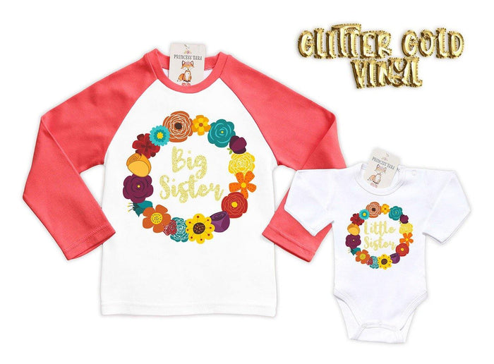 Coral Red Raglan Big Sister and Little Sister Floral Wreath Sibling Set.