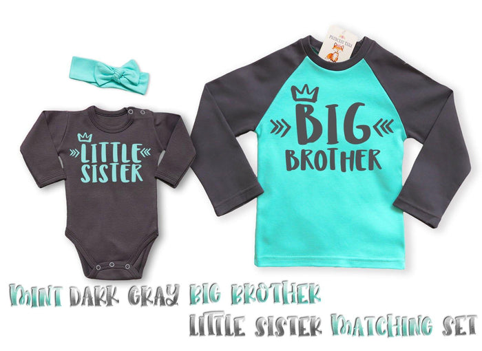 Big Brother Dark Gray/Mint Raglan Shirt & Little Sister Dark Gray Outfit.