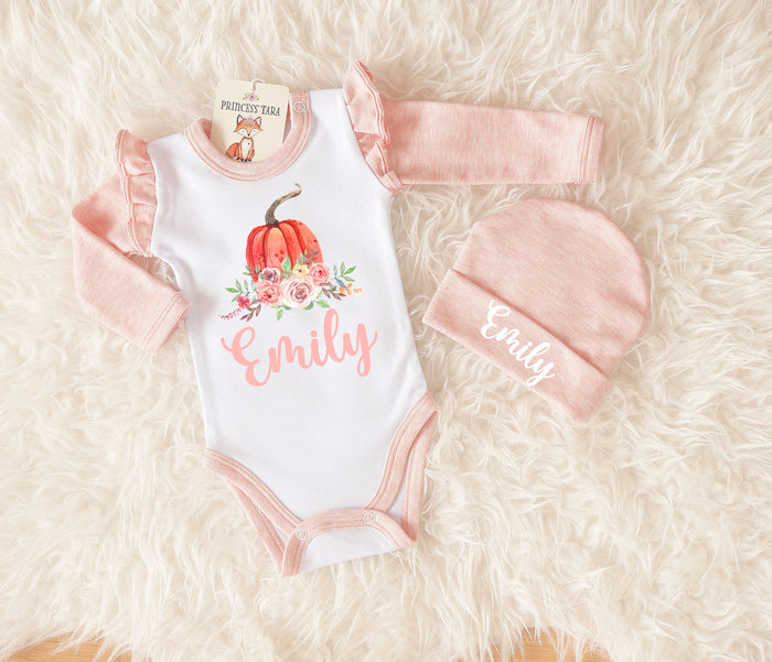 Cutest Pumpkin In The Patch Baby Girl Romper & Personalized Beanie.