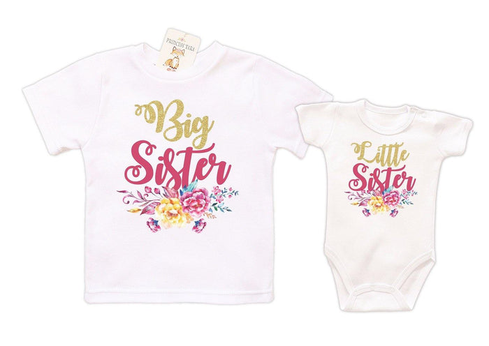 Big Sister Little Sister Floral and Glitter Sibling Outfits.
