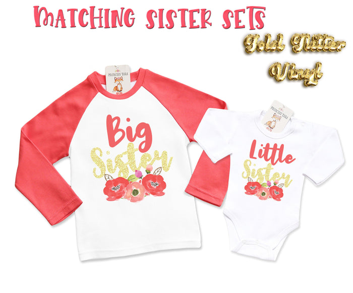 Big Sister Little Sister Matching Shirt. Coral Sister Outfits With Glitter.