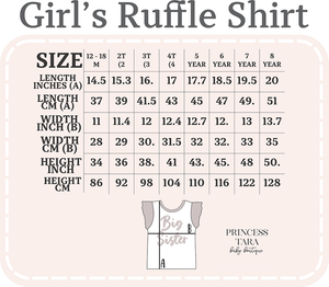 girls ruffle sleeve shirt measurements chart from 1 years to 8 year size
