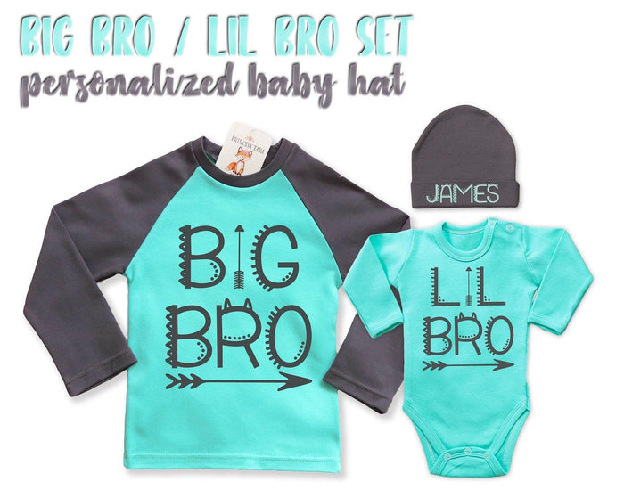Big Brother Lil Brother Dark Gray Mint Sibling Shirt Set With Custom Baby Beanie.