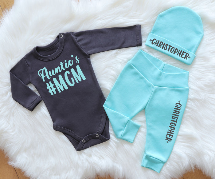 Personalized MCM Baby Boy Outfit: I Love My Auntie Clothes and Gift Set