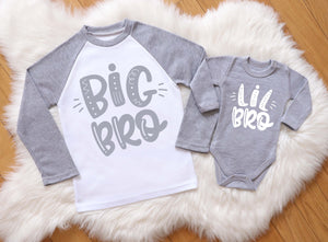 Big Bro Gray Raglan Shirt & Little Brother Baby Bodysuit Set.