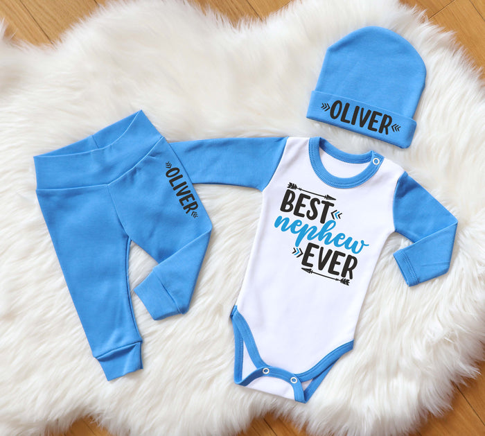Customized Best Nephew Ever Baby Boy Outfit in Blue - Personalized Gift