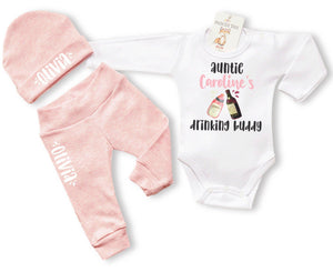 Custom Aunties Drinking Buddy Niece Baby Outfit in Heather Peach. - Princess Tara