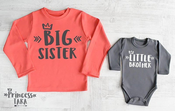 Big Sister Coral Red Shirt and Little Brother Dark Gray Baby Bodysuit Set.