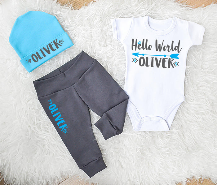 Personalized Hello World Baby Boy Coming Home Outfit and Newborn Set