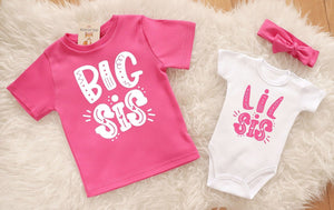 Big Sis/Little Sis/Baby Girl Coming Home Outfit - Pink Shirt, Tie Headband, Bodysuit Set