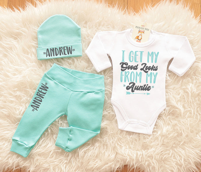 Personalized Auntie Baby Clothes - Pants and Hat Set for Nephew or Niece - Baby Shower and Aunt Baby Gift