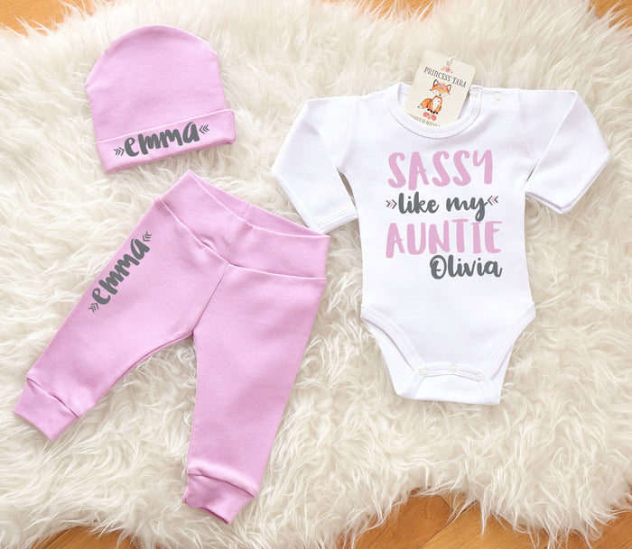 Sassy Like My Auntie Personalized Outfit. Newborn Coming Home Outfit.