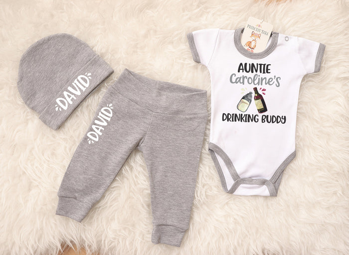 Personalized Auntie's Drinking Buddy Baby Outfit. Custom Baby Set For Nephew