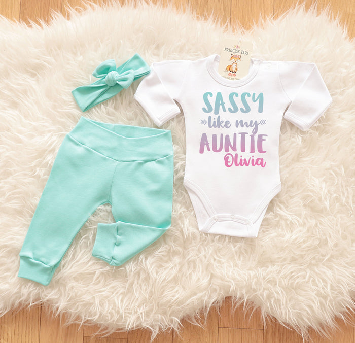 Sassy Like My Auntie Baby Girl Outfit. Personalized Aunt Baby Girl Set.