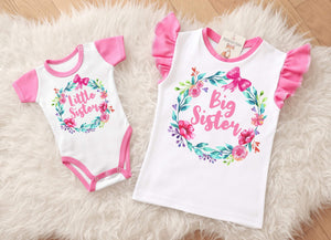 Cute Pink Matching Sister Outfits. Big Sister Floral Wreath Flutter Sleeve Shirt. Cute Little Sister Baby Bodysuit. Newborn Photography. - Princess Tara