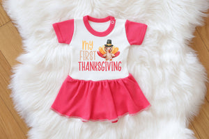 Thanksgiving Baby Girl Bodysuit Dress - My First Turkey Day