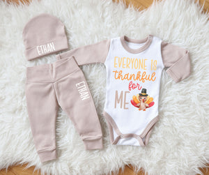 Adorable Baby's First Thanksgiving Outfit with Turkey Print & Hat