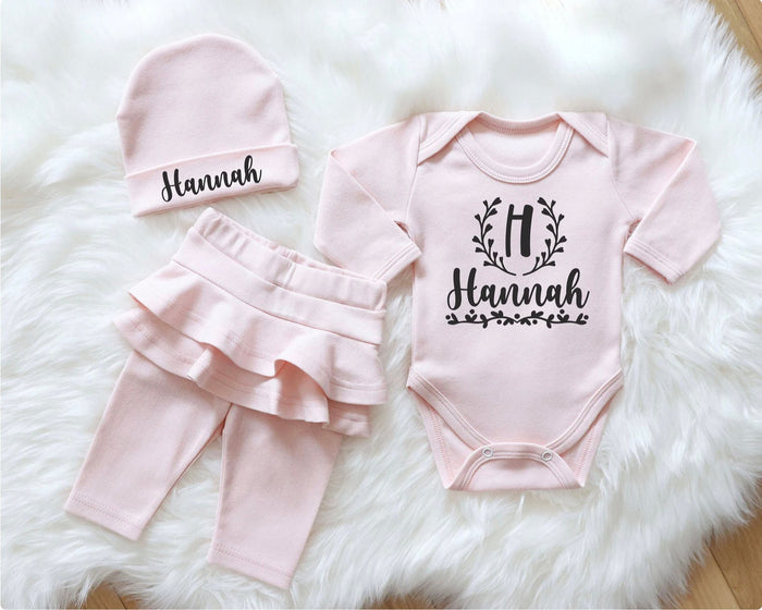 Personalized Baby Girl Outfit - Soft Pastel Pink Bodysuit, Ruffled Pants, & Beanie