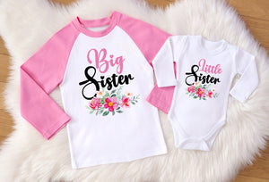 Personalized Pink Matching Sister Shirts - Big & Little Sister Floral Set. New Baby Announcement Outfits.