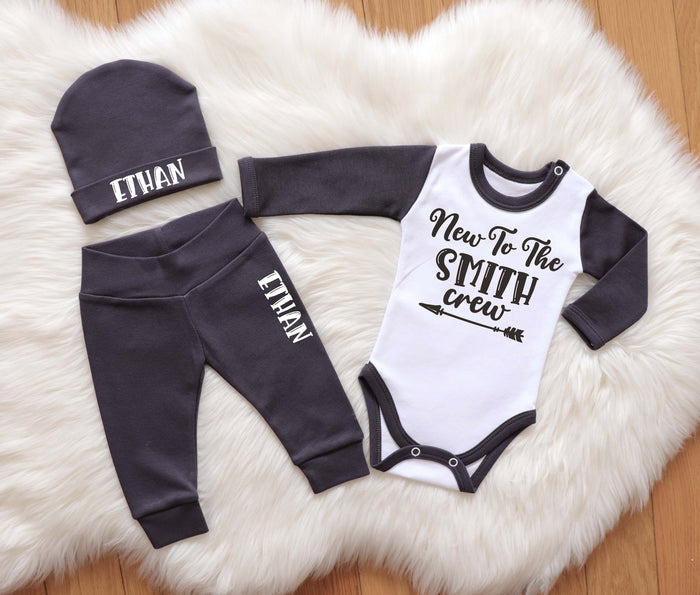 Personalized 'New To The Crew' Coming Home Outfit - Dark Gray Baby Boy Set - Perfect Gift for New Parents!