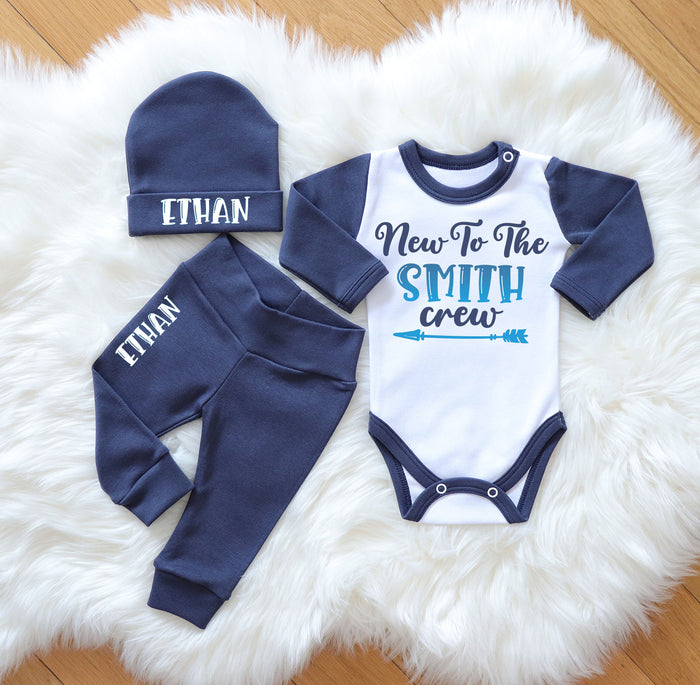 Personalized 'New to the Crew' Baby Boy Coming Home Outfit - Custom First and Last Name - Dark Blue Baby Boy Clothes