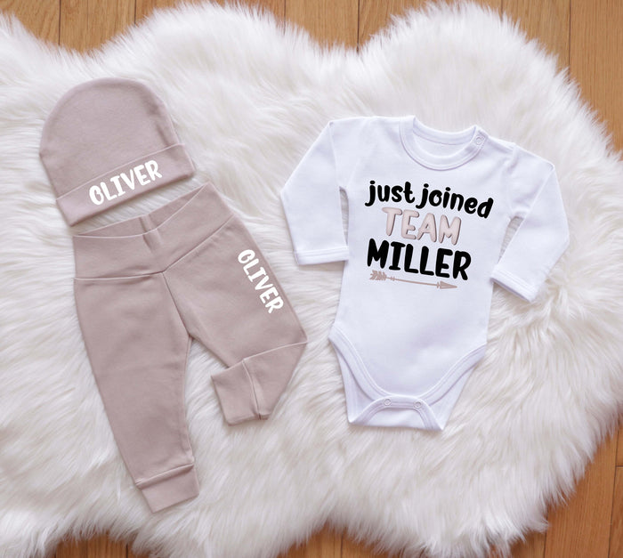 Personalized 'Just Joined Team' Baby Outfit in Tan
