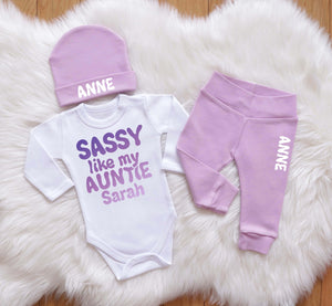 Personalized Sassy Like My Auntie Outfit - Lilac Baby Girl Clothes with Baby's Name
