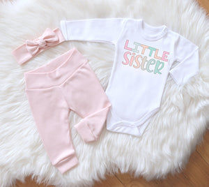 Little Sister 3-Piece Set Custom Made Set. Baby Girl Going Home Outfit.
