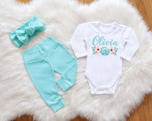 Personalized Mint Baby Girl Outfit – Custom Name & Floral Design