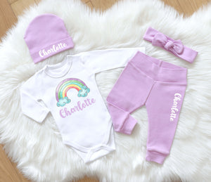 Personalized Purple Baby Girl Clothes | Watercolor Rainbow 4-Piece Set