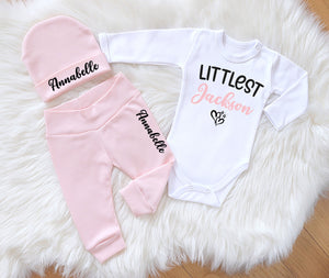 Personalized 'Littlest Family Member' Baby Girl Set - Soft Pink Going Home Outfit
