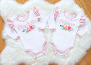 Personalized Twin Baby Girl Outfits with Names | Pink Twin Girl Sets | Perfect Gifts for Twin Girls