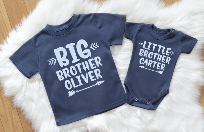 Custom Big Brother Little Brother Matching Shirts - Personalized Navy Blue Sibling Outfits