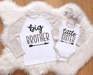 Big Brother & Little Sister Matching Set - Beige Raglan Tee & Baby Bodysuit with Headband