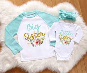 Custom Floral Glitter Sister Outfits - Matching Coming Home & Big Sister Announcement Set